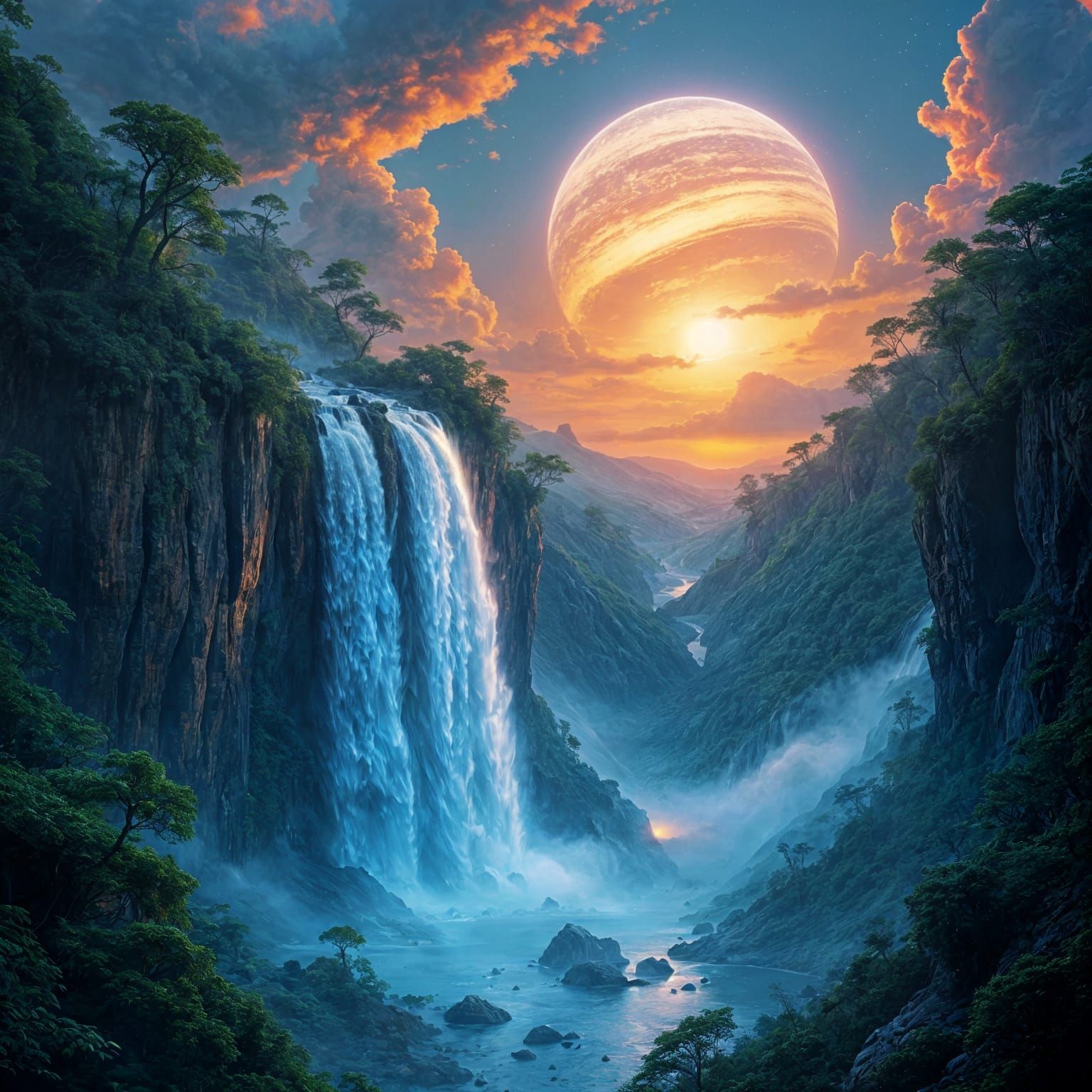 Alien Waterfall Sunset: A Digital Painting
