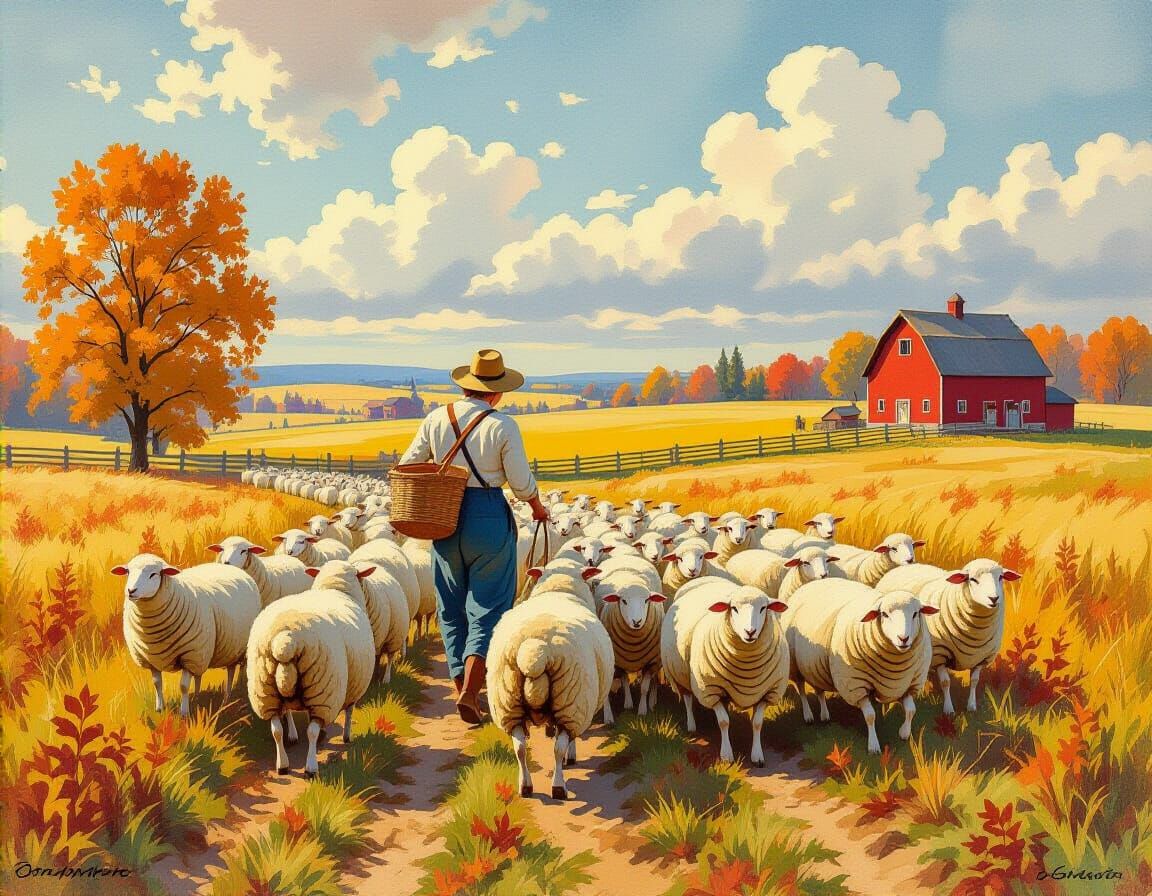Farmer Herding Sheep: Detailed Oil and Watercolor Painting