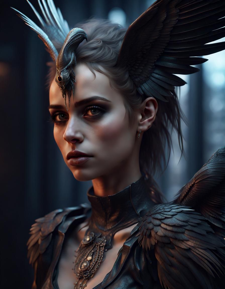 Beautiful Harpy Girl Portrait in Gothic Style