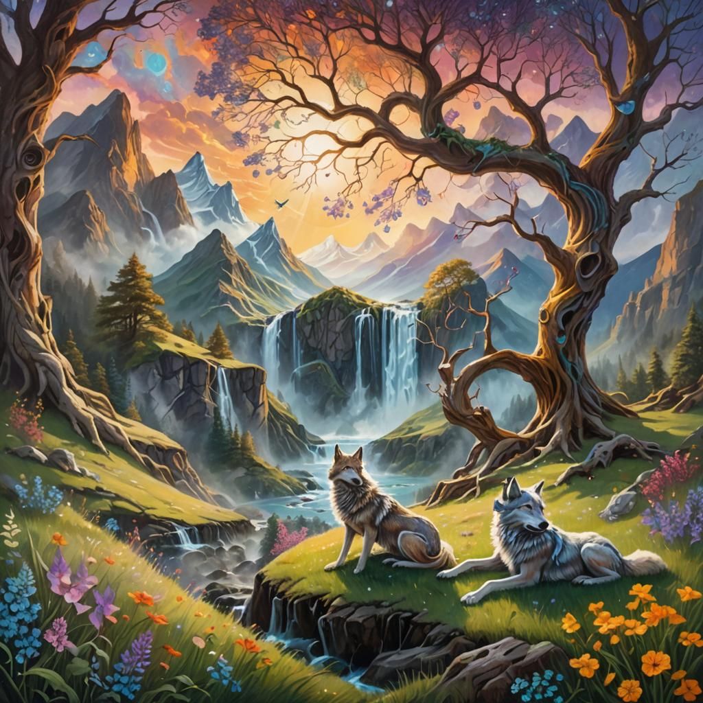 Fantasy Landscape with Fairy, Wolves, and Waterfall