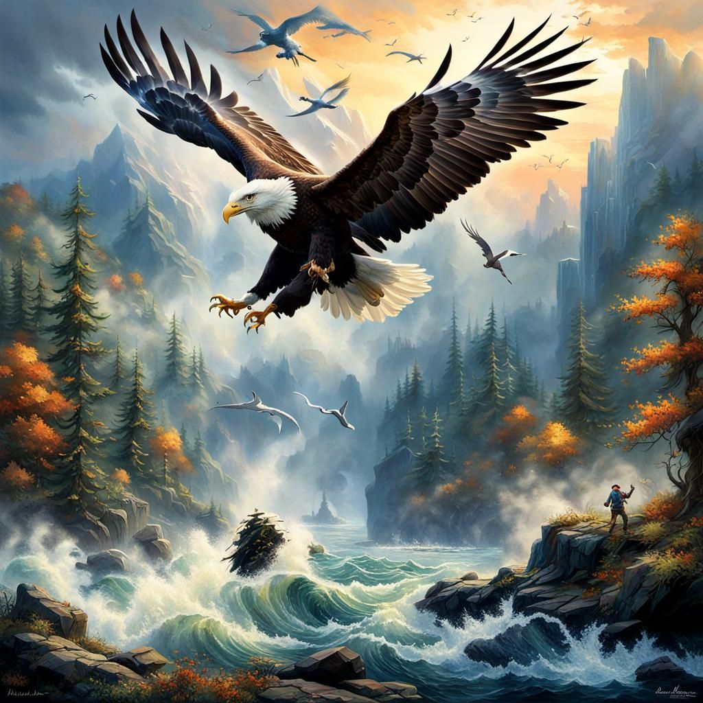 Eagle Hunting Seagull: A Chromatic Surrealist Masterpiece