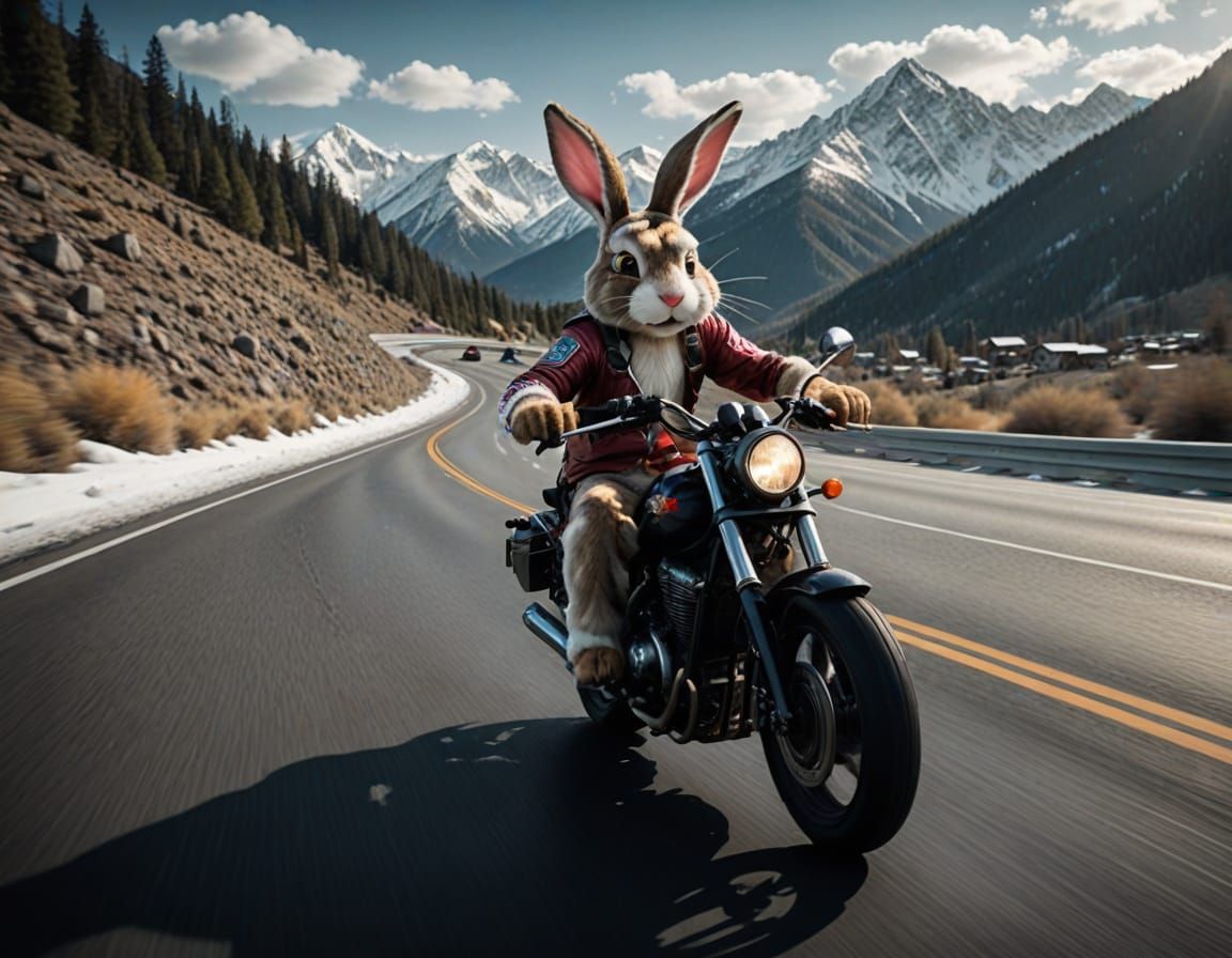 Cyberpunk Easter Bunny Zips Down Snowy Highway