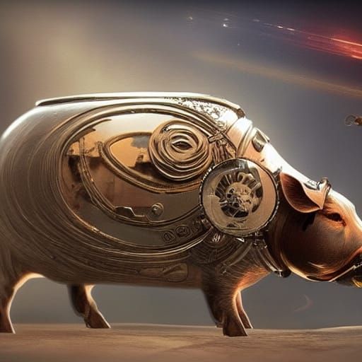 A tiny chrome-plated machine. That looks like a magical pig. With marital aids stuck all over it.