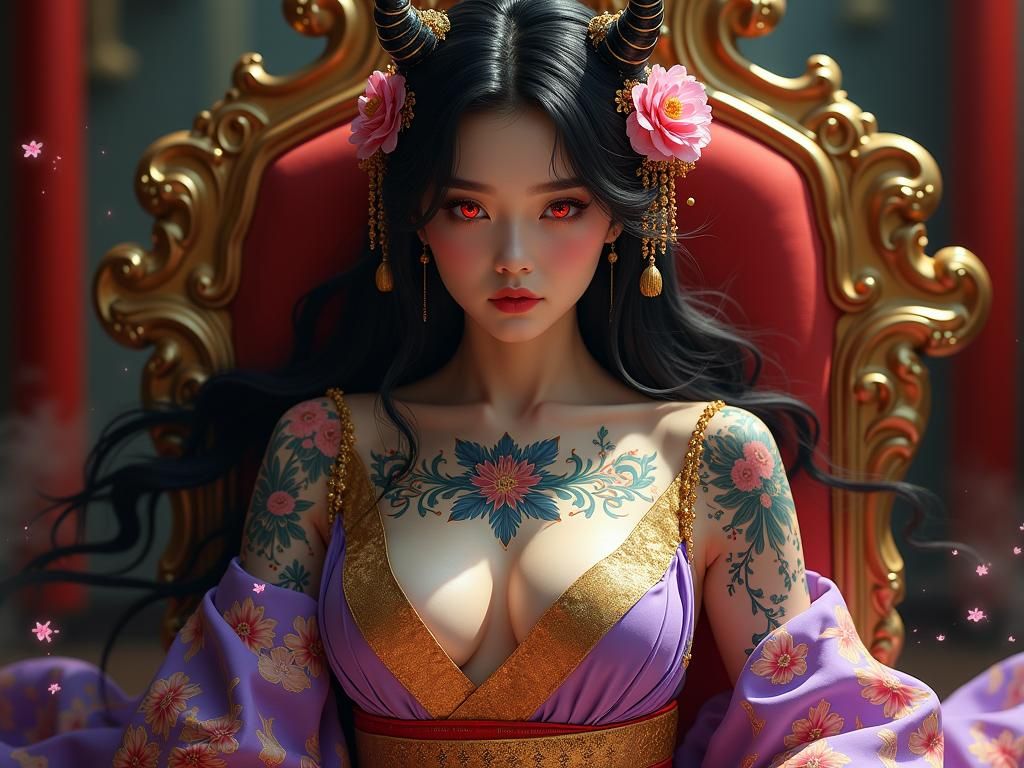 Elegant Demon Woman in Kimono with Glowing Eyes