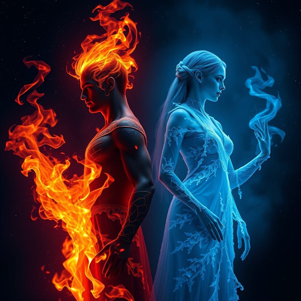 Figures of Fire and Ice Stand Vigilant in a Starry Night Sky