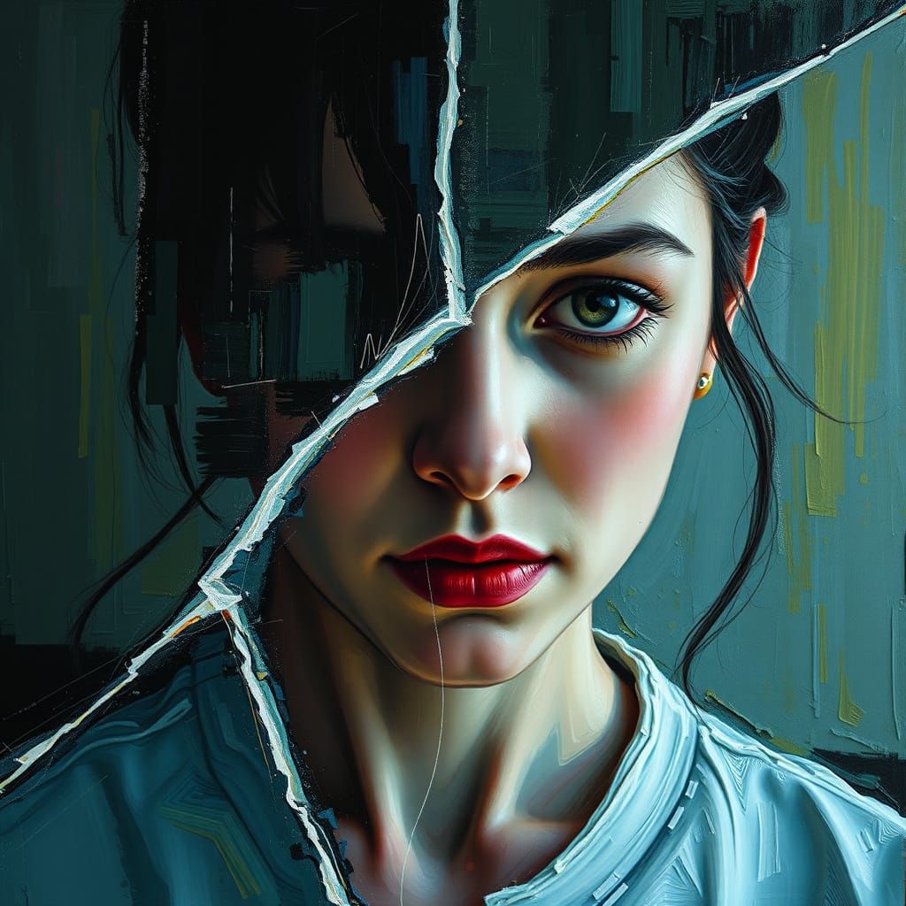 Glitching Woman in Cinematic Digital World as Impasto Painti...