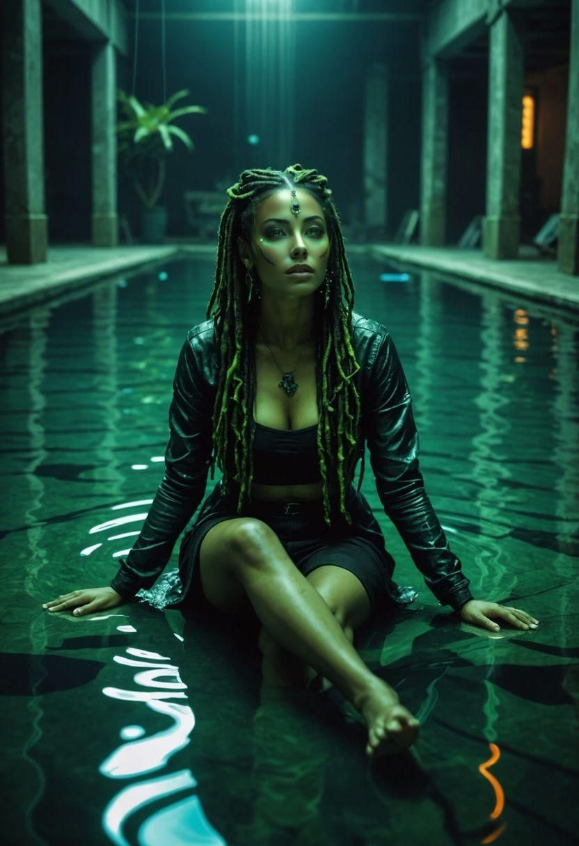 Green-Skinned Woman with Black Aura in Dark Pool
