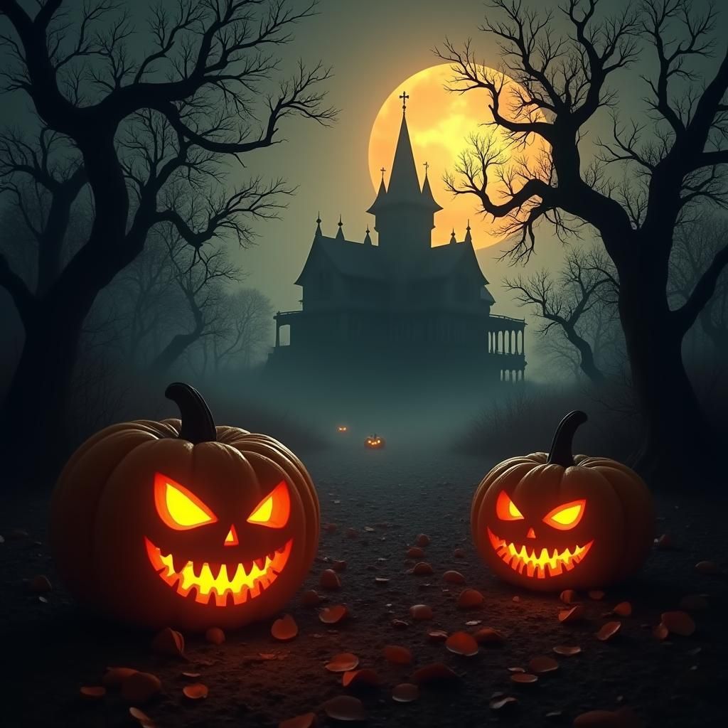 Eerie Haunted House Halloween Scene in Digital Painting Styl...
