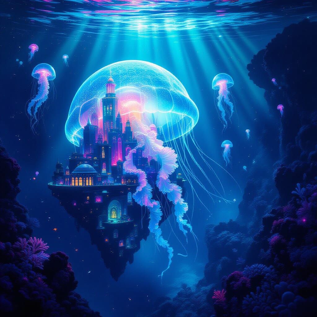 Bioluminescent Jellyfish City in Deep Ocean Trench