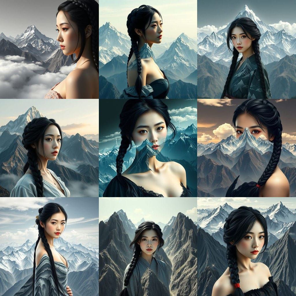 Surreal Japanese Woman Blends with Mountain Range in Breatht...