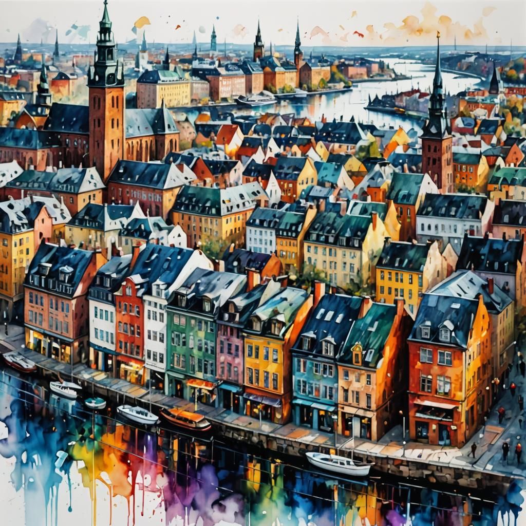 Abstract Watercolor Stockholm Cityscape by Afremov & Griffit...