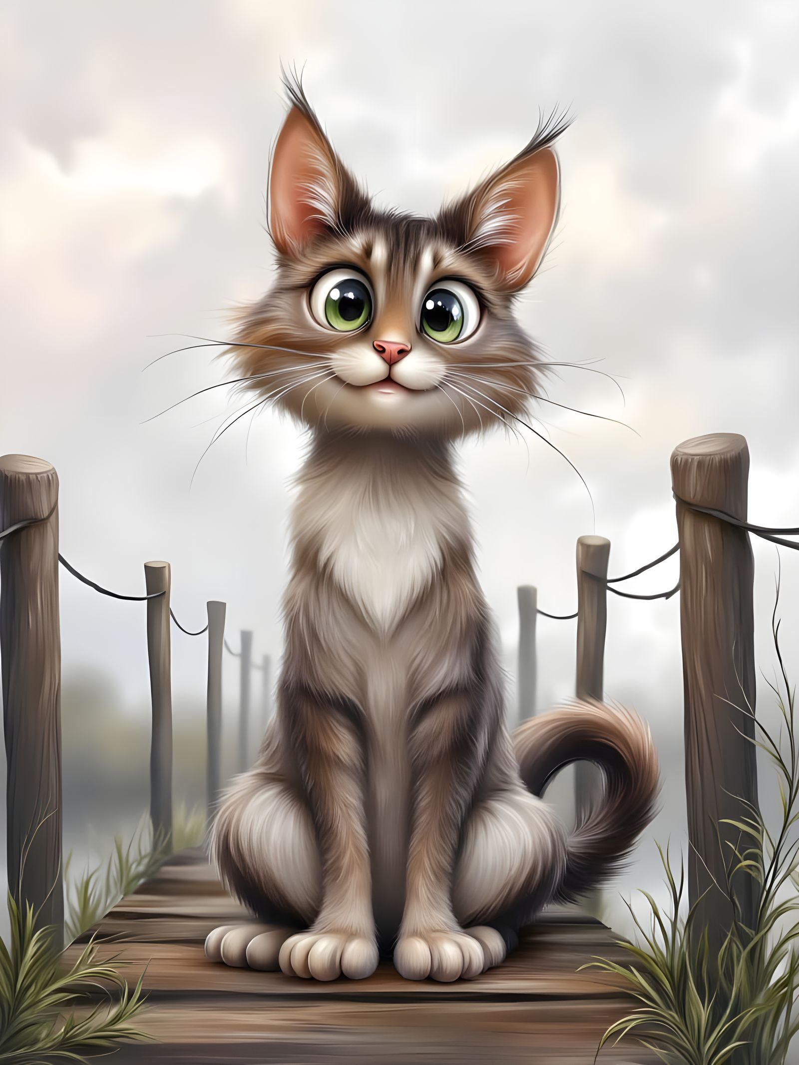 Whimsical Cartoon Cat Sits on Rustic Dock