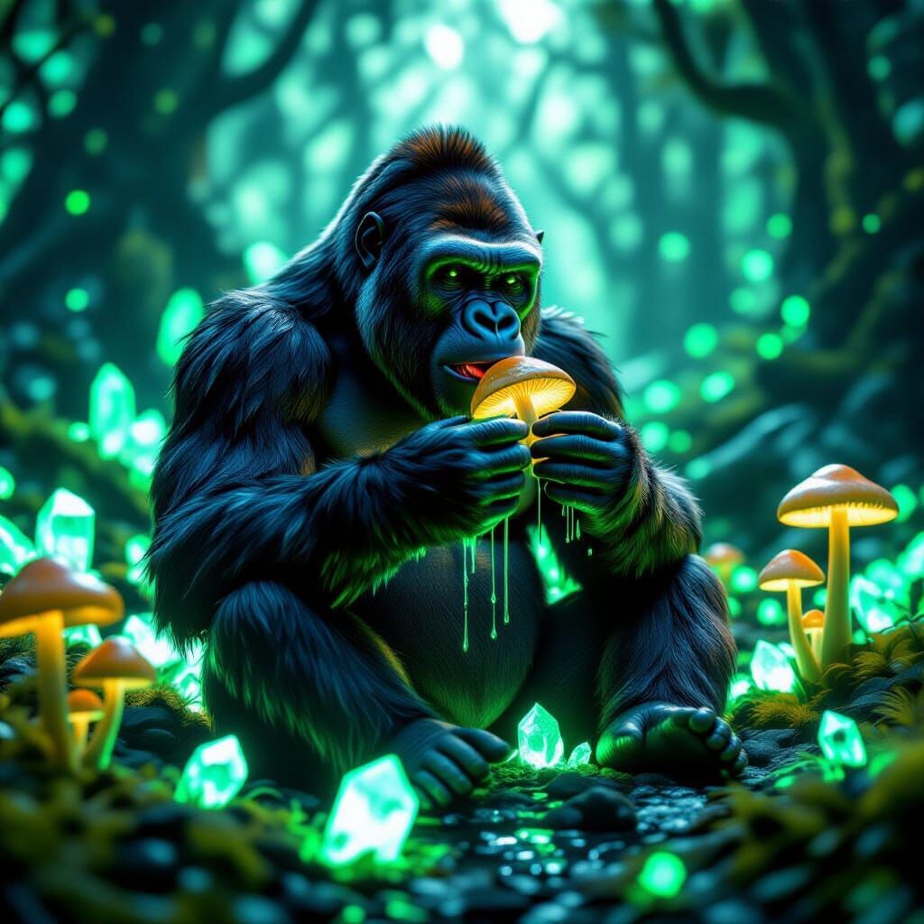 Bioluminescent Forest Gorilla Eating Mushrooms: Hyperrealist...
