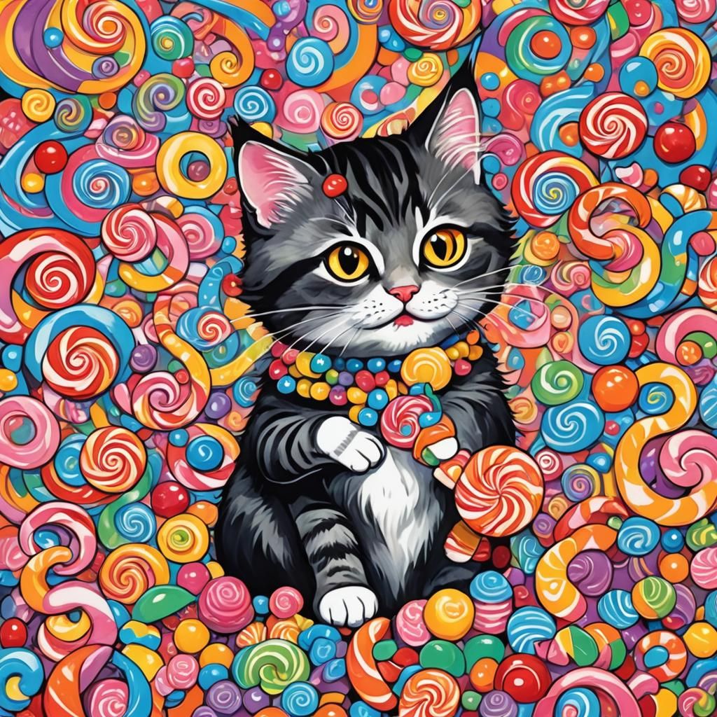 Cat in Candyland: Vibrant Gouache Painting