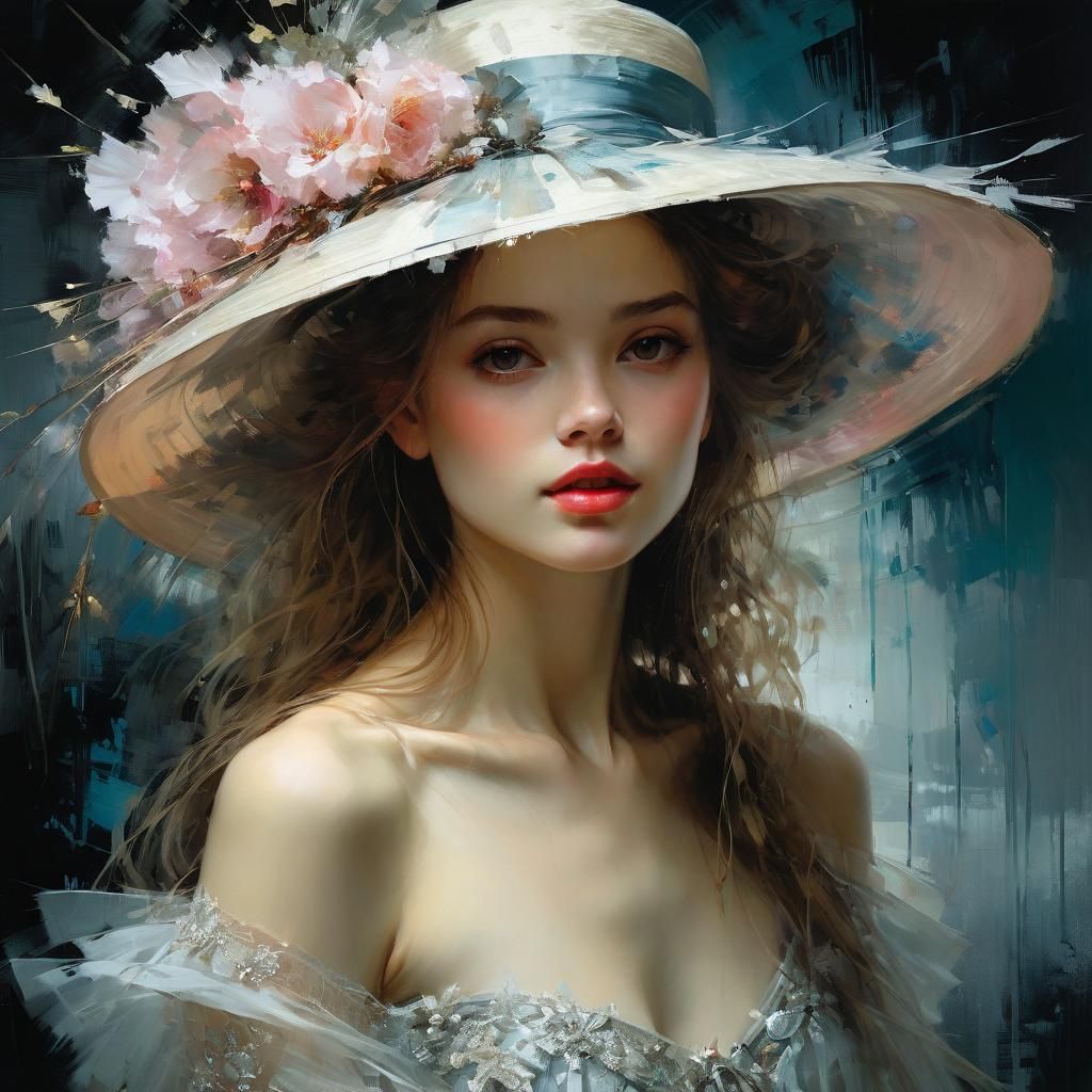 Elegant Woman in Hat: Detailed Fabric Art