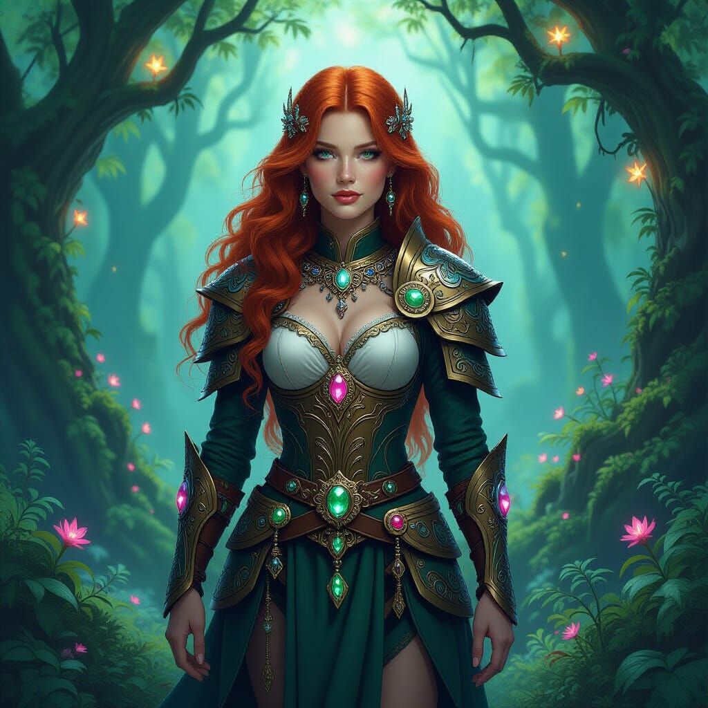 Red-Haired Cleric in Celtic Armor in Mystical Forest