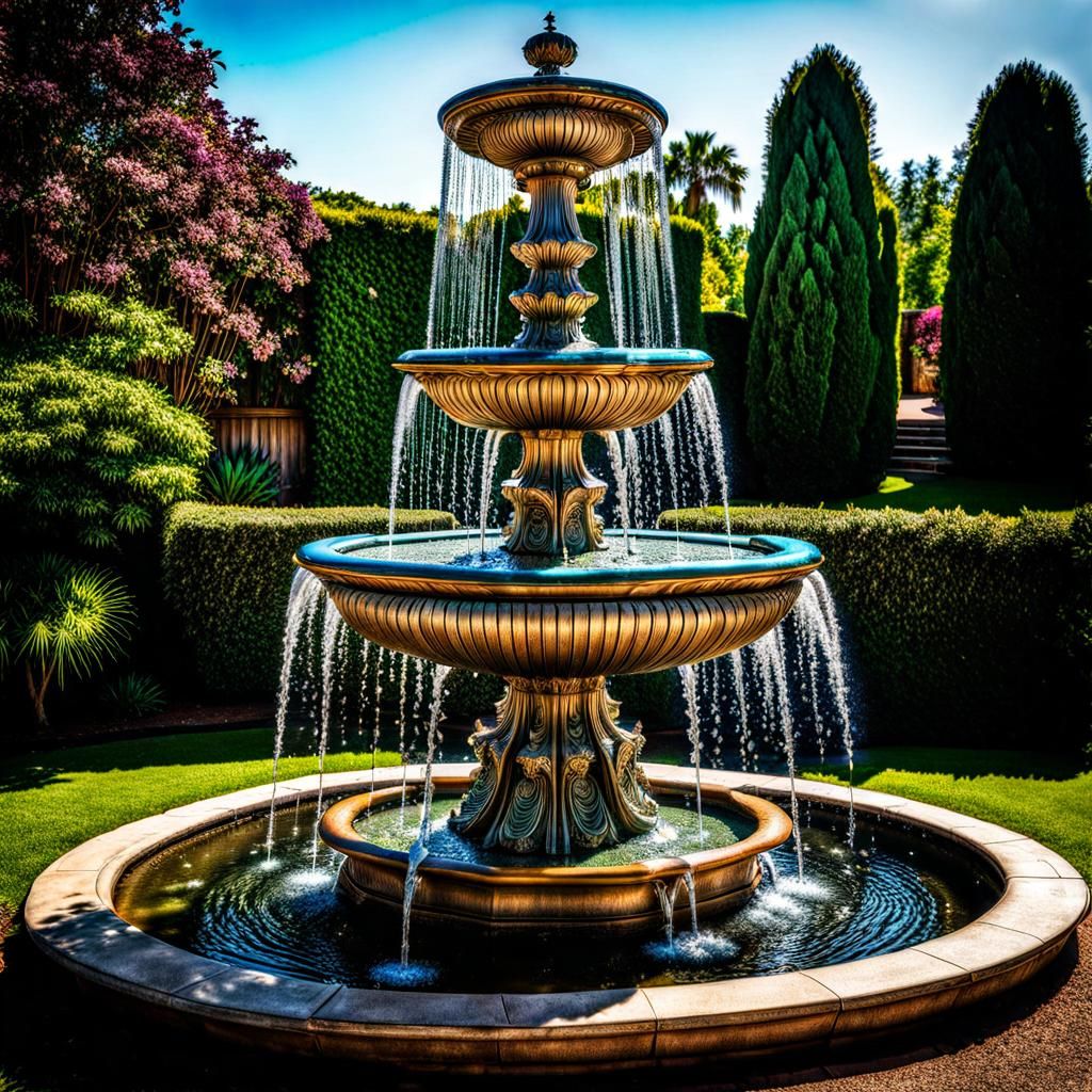 Opulent Peacock Fountain in Hyperrealistic Garden