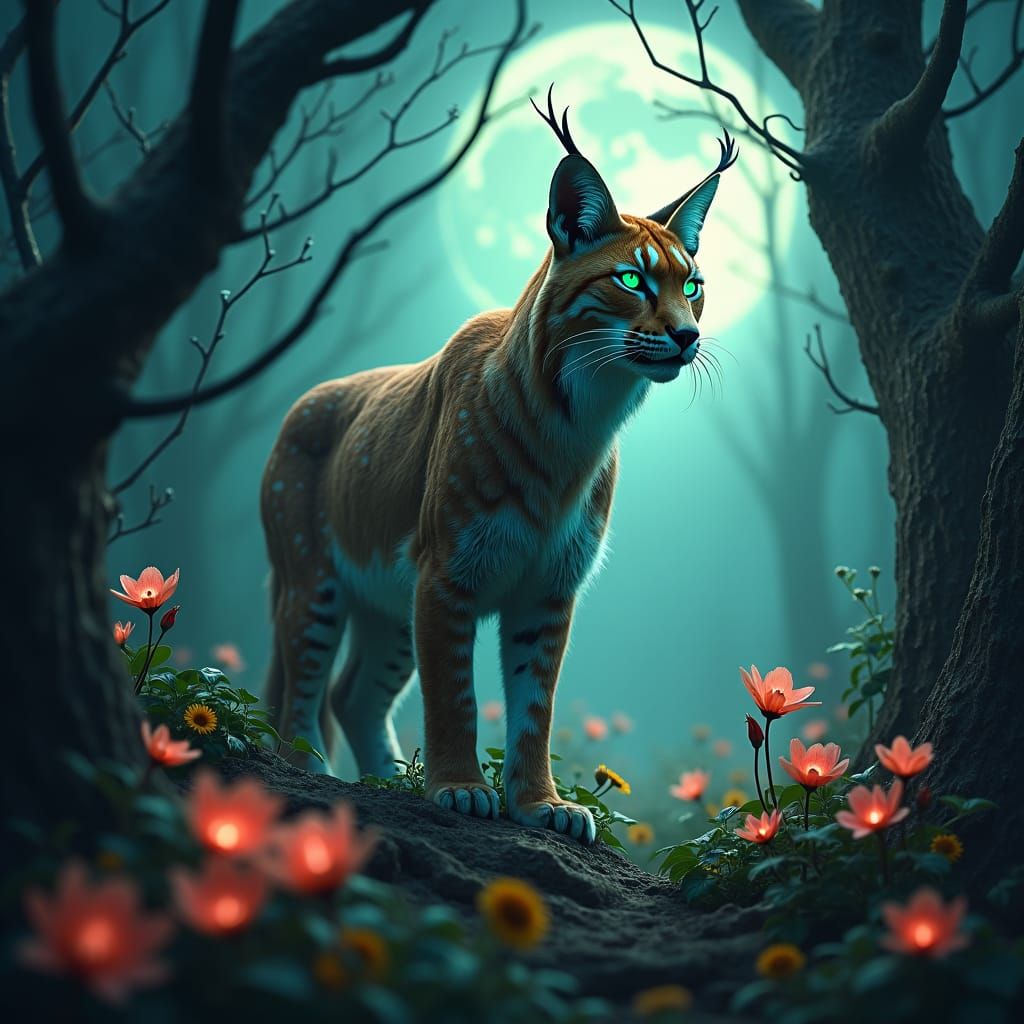 Iberian Lynx in Moonlit Forest: Fantasy Concept Art