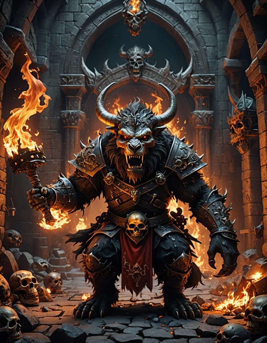 Medieval Beast with Skulls and Fire