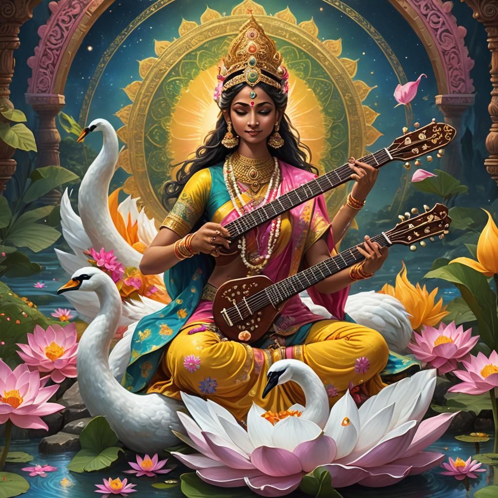 Hindu Goddess Playing Sitar with Swan, Cosmic Art