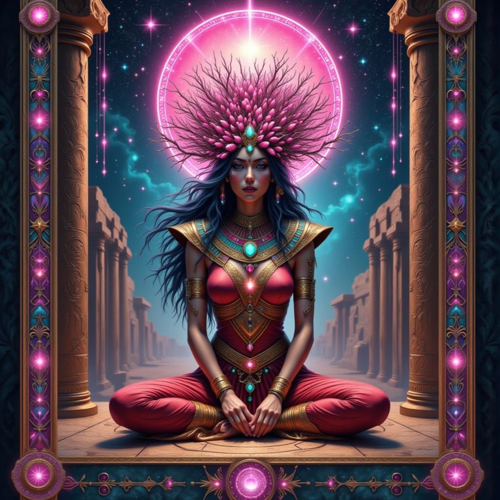 Mesopotamian Oracle Between Ziggurats with Tarot Frame