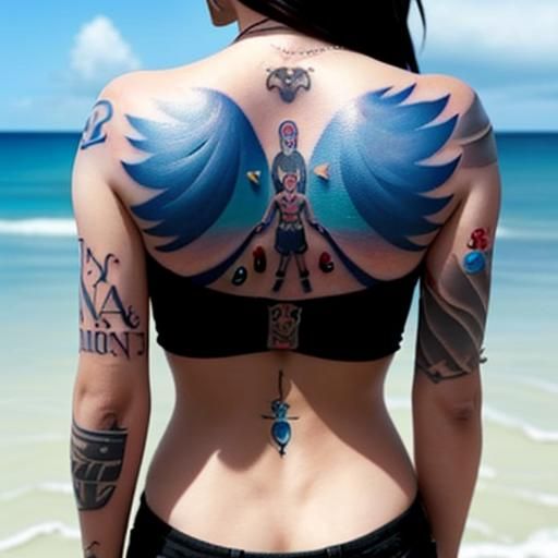 M&M  tattoo on a woman's back at the beach