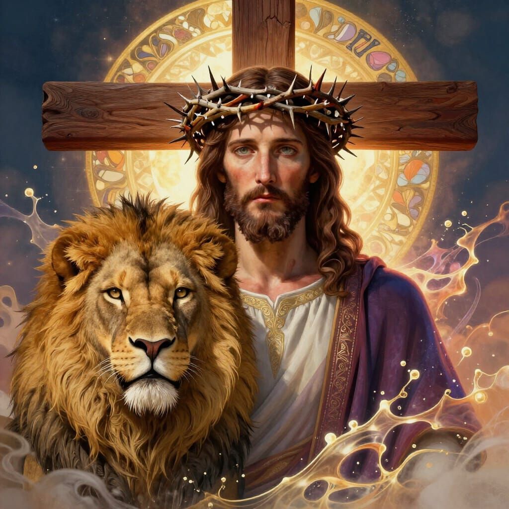 Jesus and Lion with Cross: Dramatic Realism Art