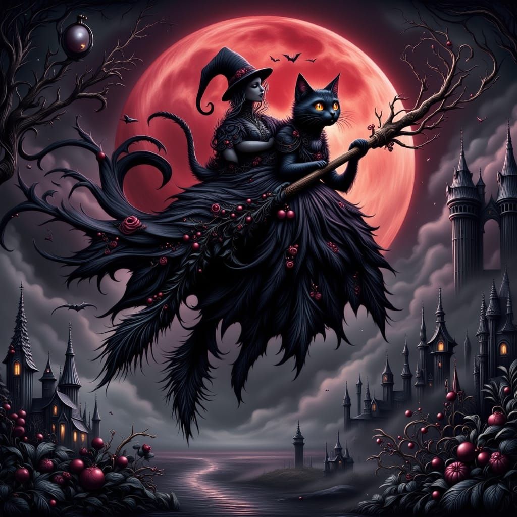Giant Angora Cat Flies Broom Under Blood Moon
