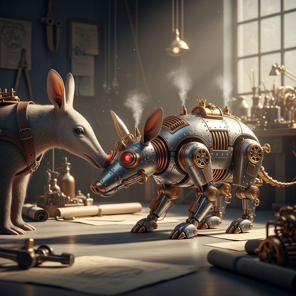 Steampunk Robot Aardvark Meets Real One in Workshop