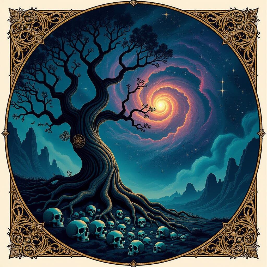 Ancient Tree Beneath Cosmic Nebula in Dark Fantasy Style