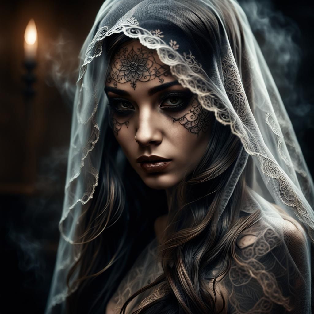 Mysterious Veiled Woman in Dark Room