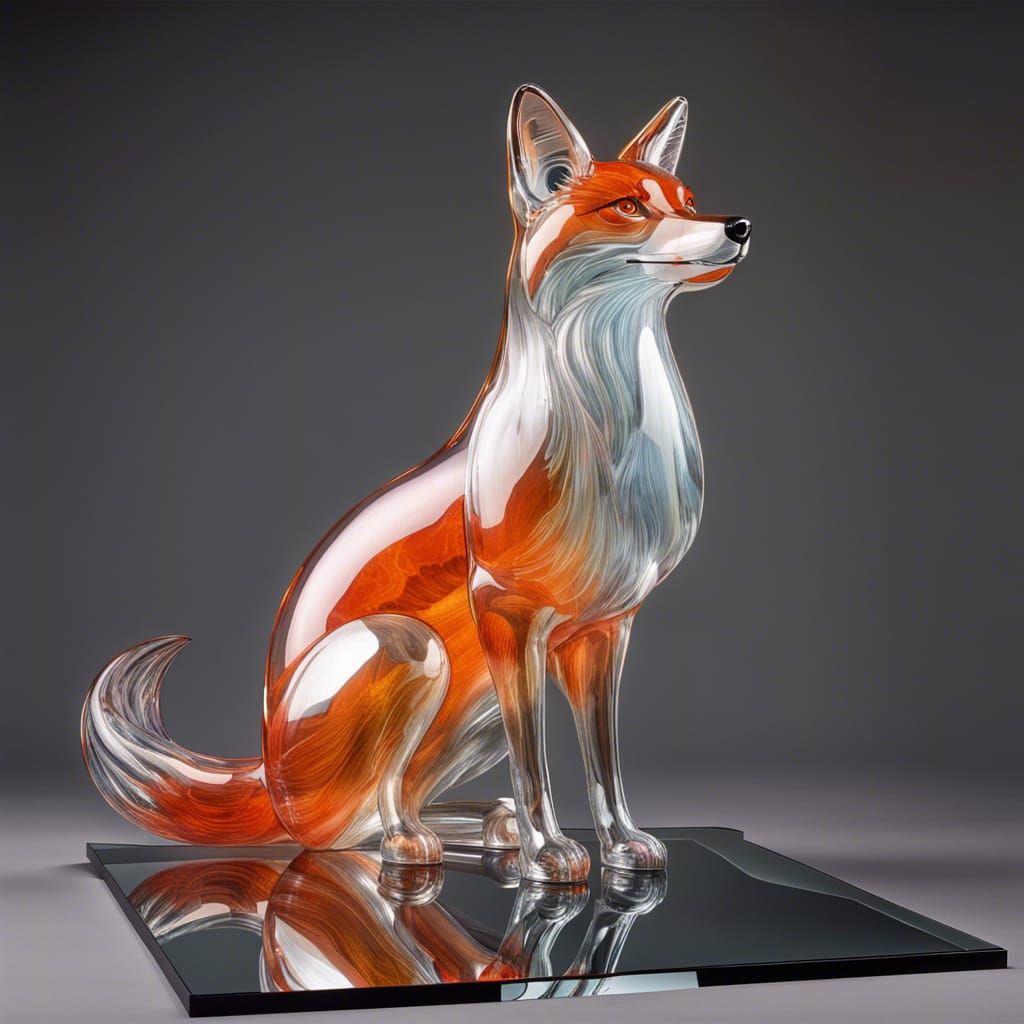 Blown Glass Fox Sculpture on Mirrored Platform