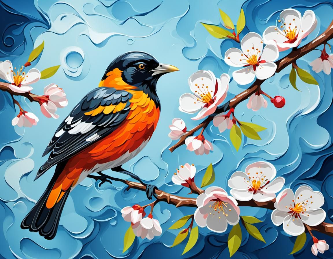 Oriole on Cherry Branch in Impasto Style