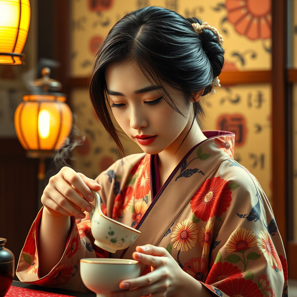 Japanese Woman in Kimono Pouring Tea