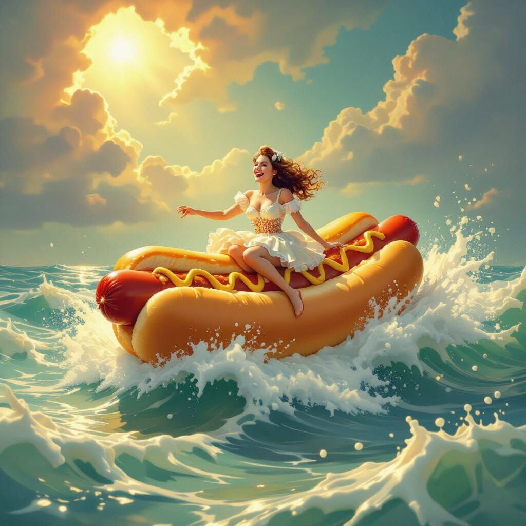 Joyful Lady Rides Giant Hot Dog on Mayonnaise Waves