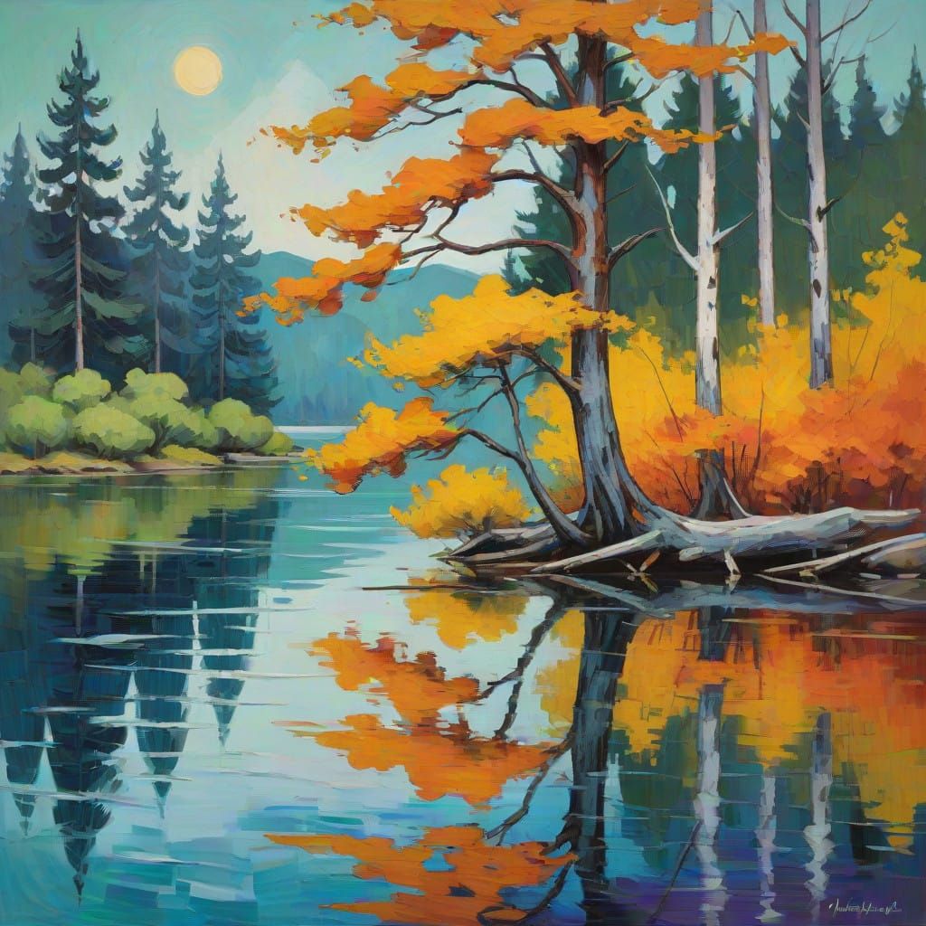 Serene Impasto Cottage Scene with Majestic Pine Trees