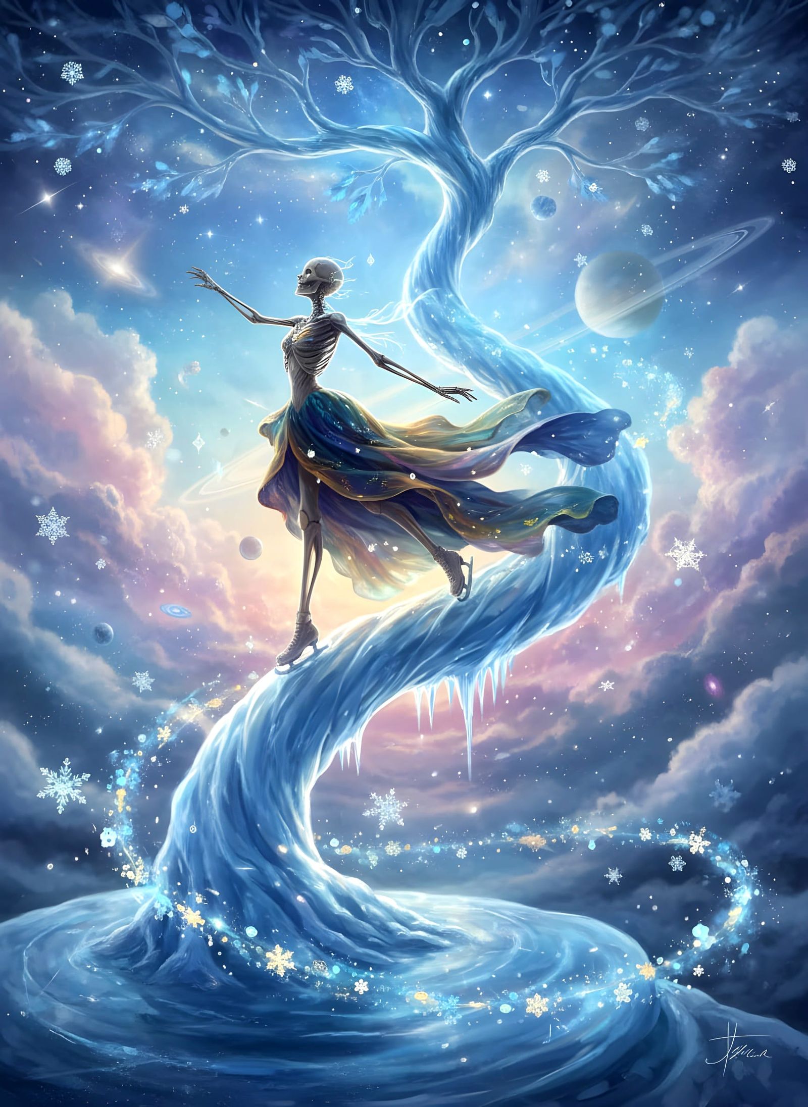 Skeleton Ice Skater in Ethereal Nebula