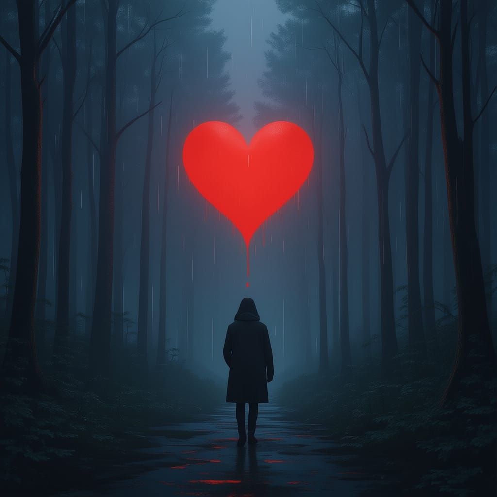Heart Symbol Infused with Rain on Dark Melancholy Background