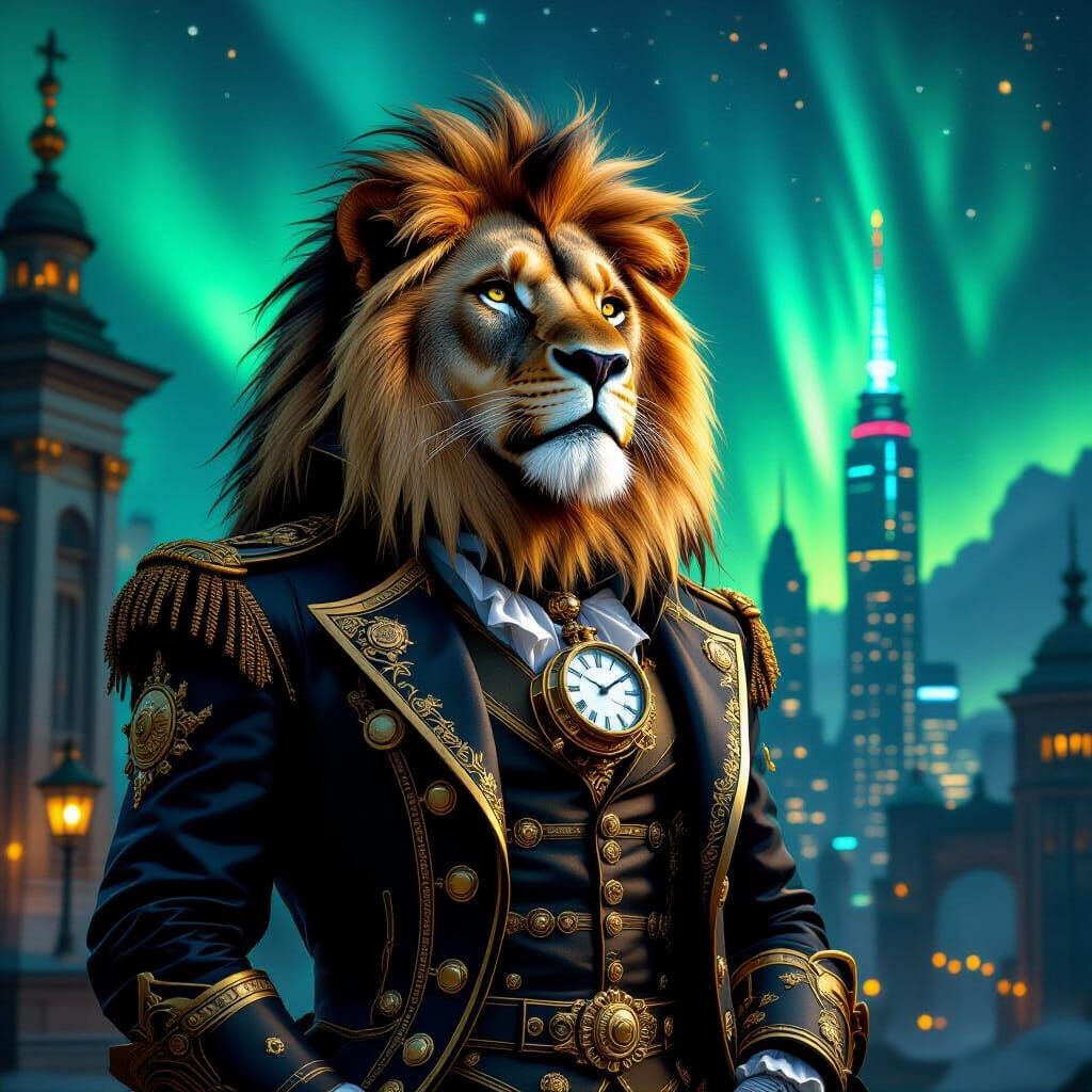 Steampunk Lion with Clockwork and Aurora Borealis