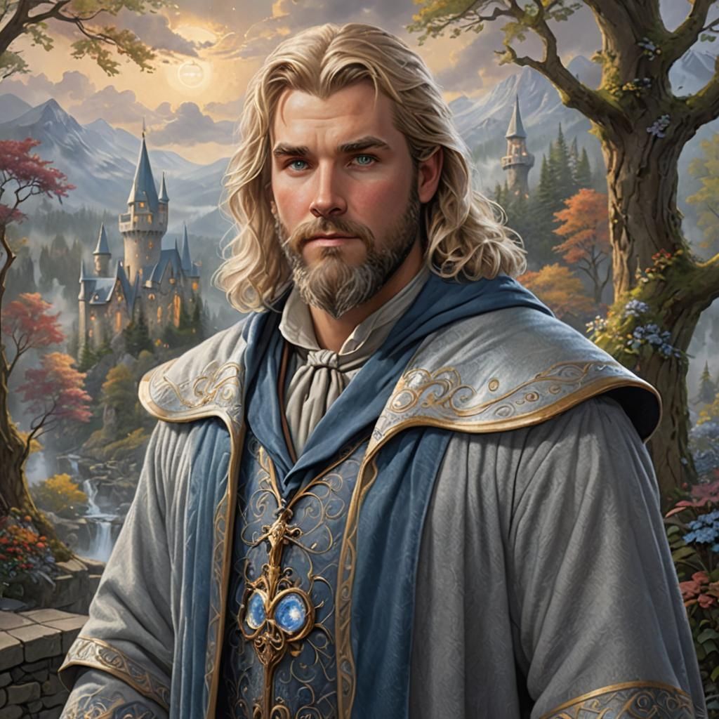 Human male protection wizard. Shoulder length blonde hair with beard and blue gray eyes. Wears silver wizard robes.