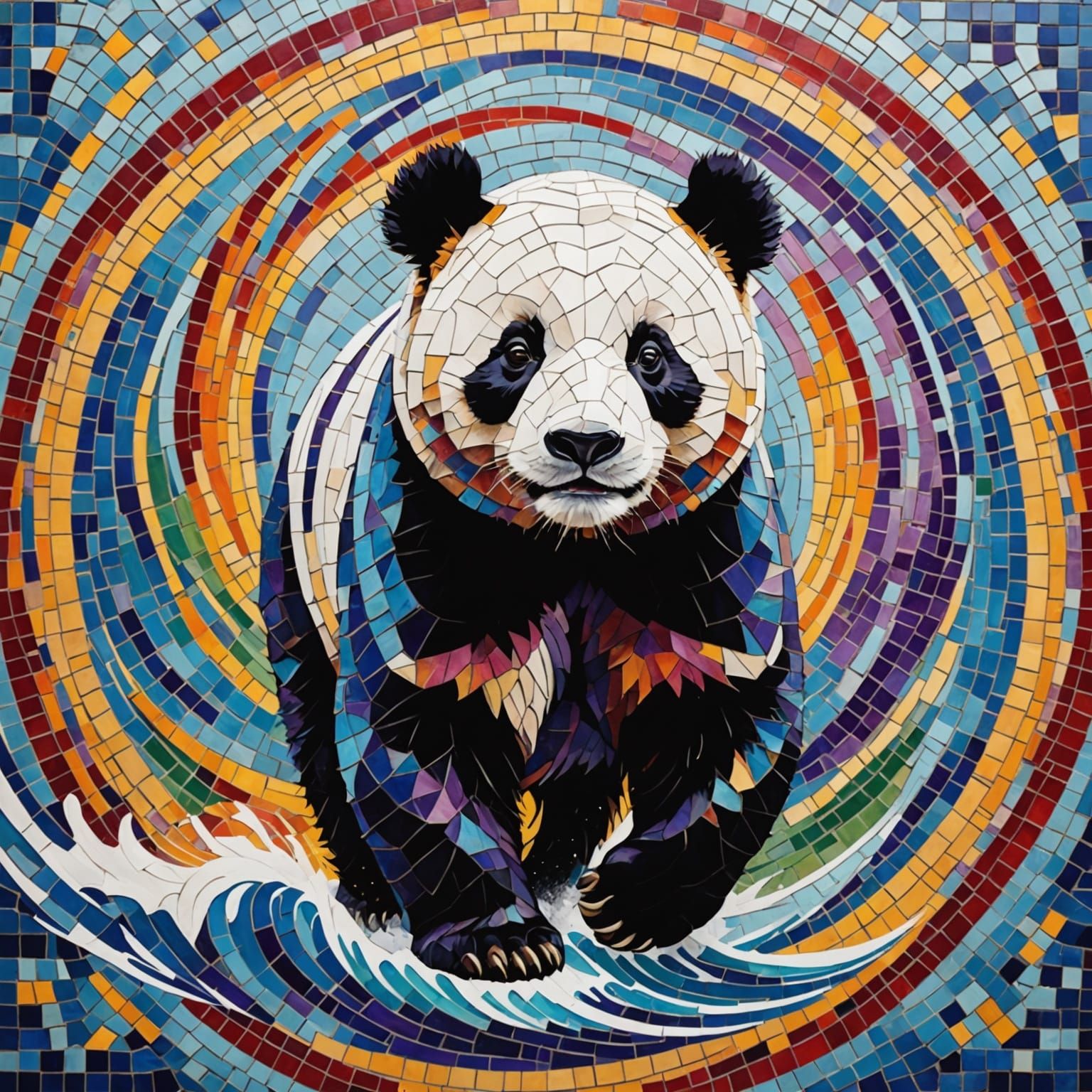 Panda Bear in Mosaic Tiles Amidst Elemental Storm