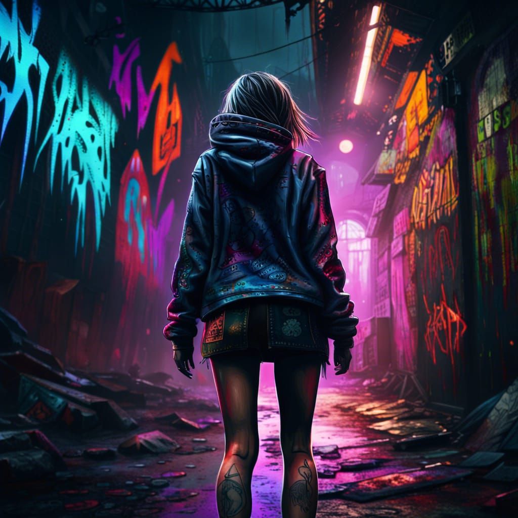 Cyberpunk Girl Walking in a Dystopian City