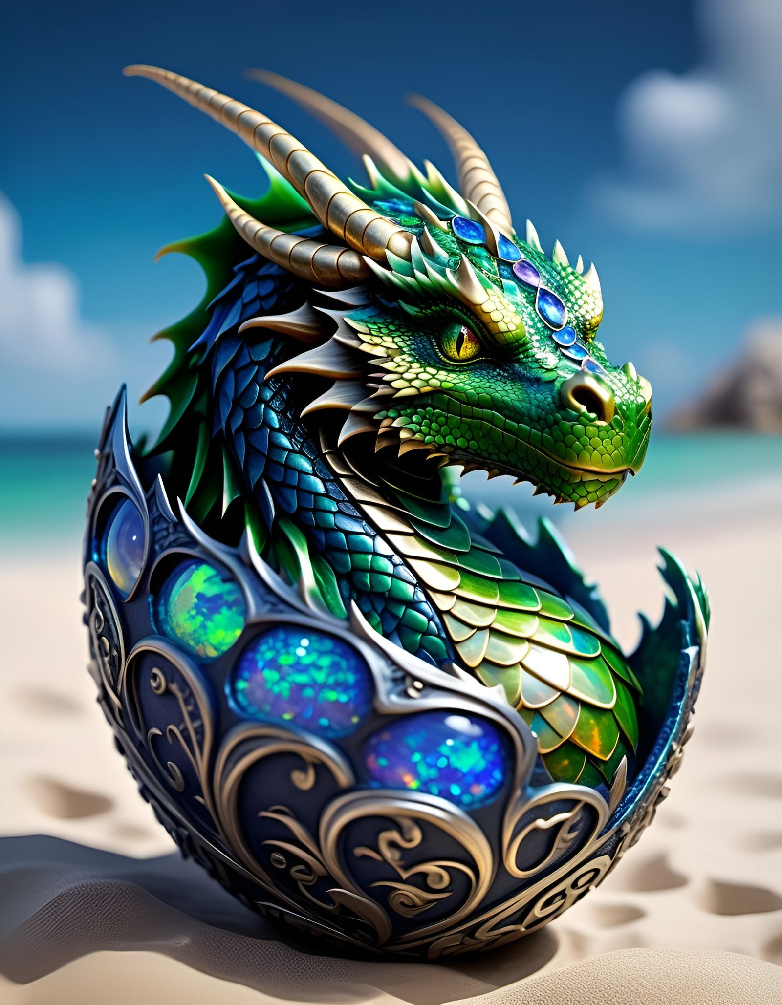 Baby Green Dragon in Opal Egg: Hyperrealistic Digital Art