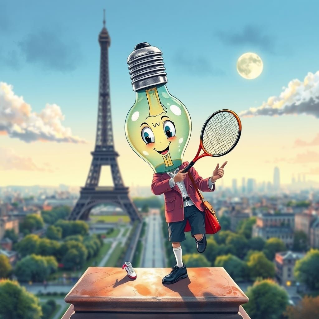 Dizzy Lightbulb Plays Tennis at Eiffel Tower in Watercolor S...