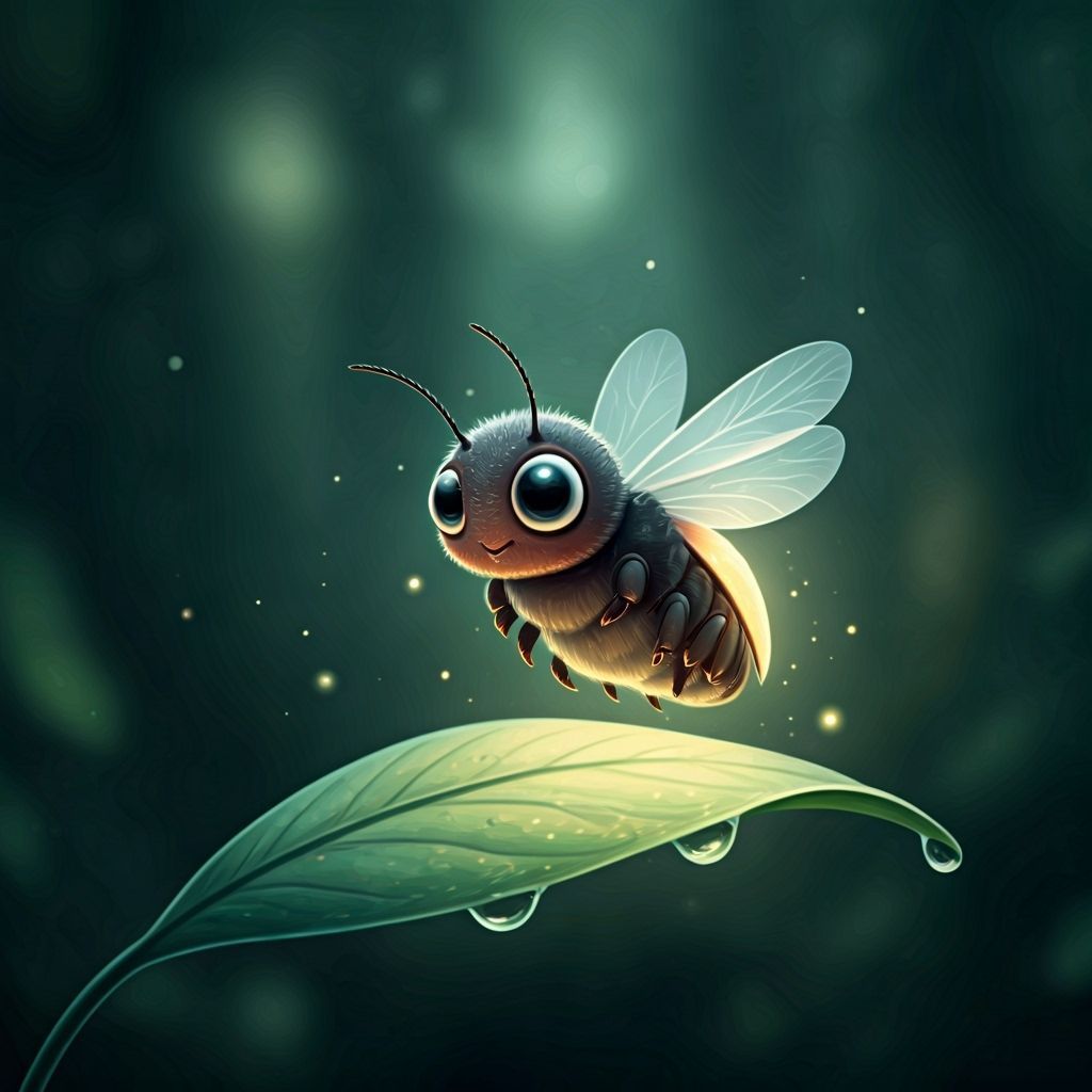 Cute Baby Firefly in Enchanted Forest Watercolor Illustratio...