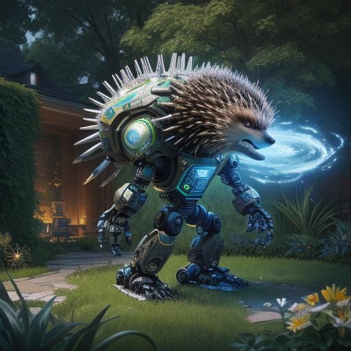 Robotic Cyborg Porcupine in Garden: Astral Illustration