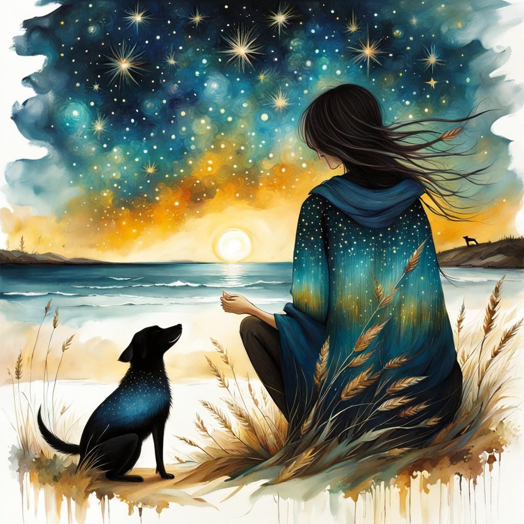 Girl and Dog by Fire on Windy Beach