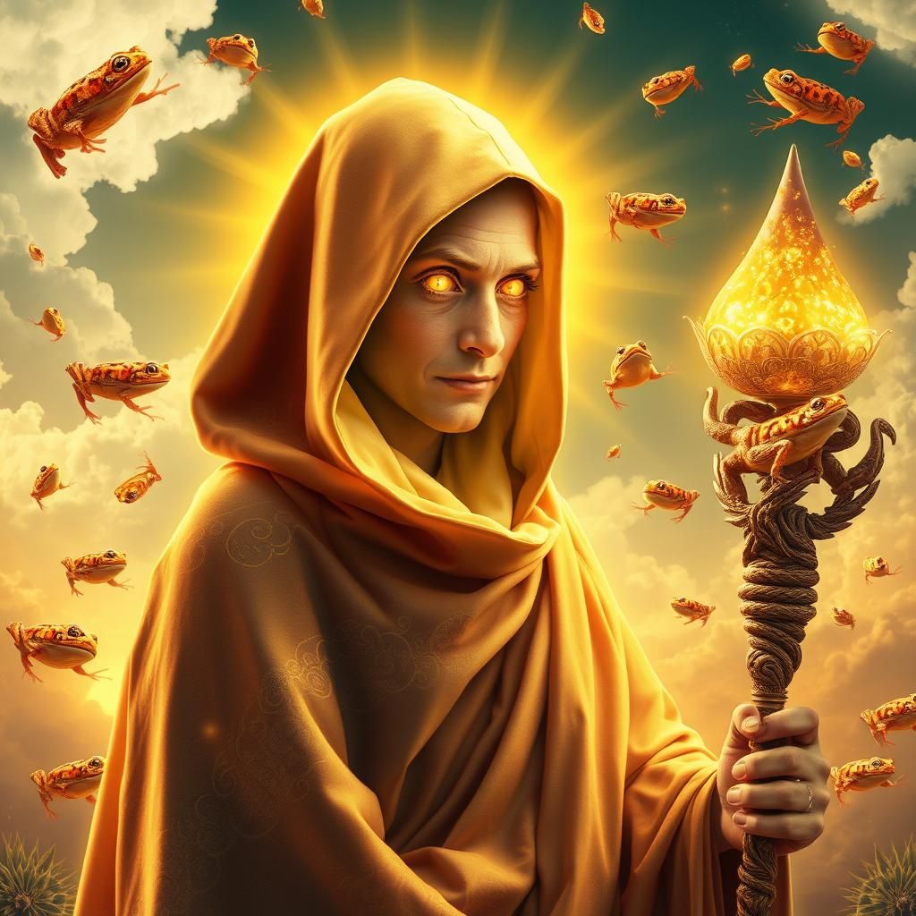 Three-Eyed Monk with Frogs in Surreal Landscape
