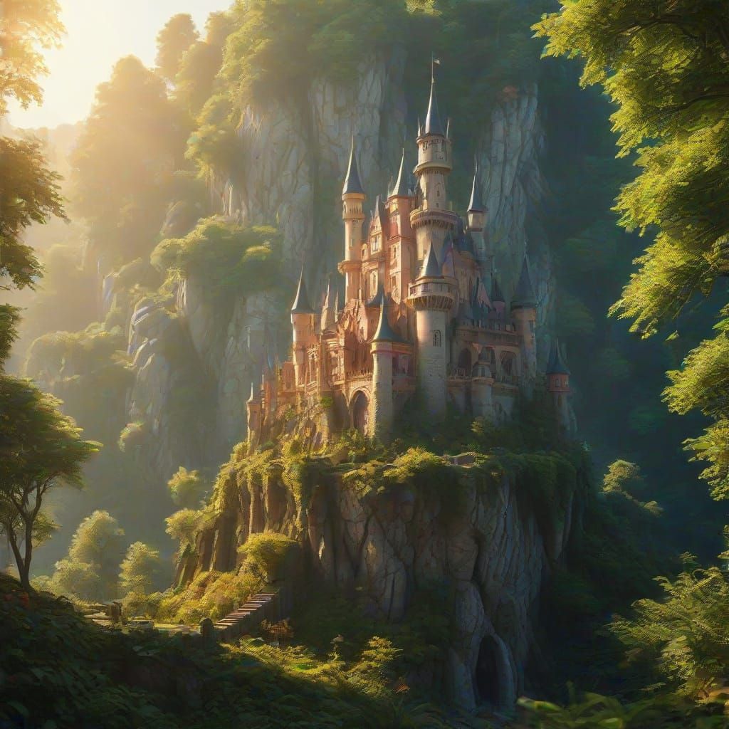 Enchanting Fairy Castle in Sunlit Forest