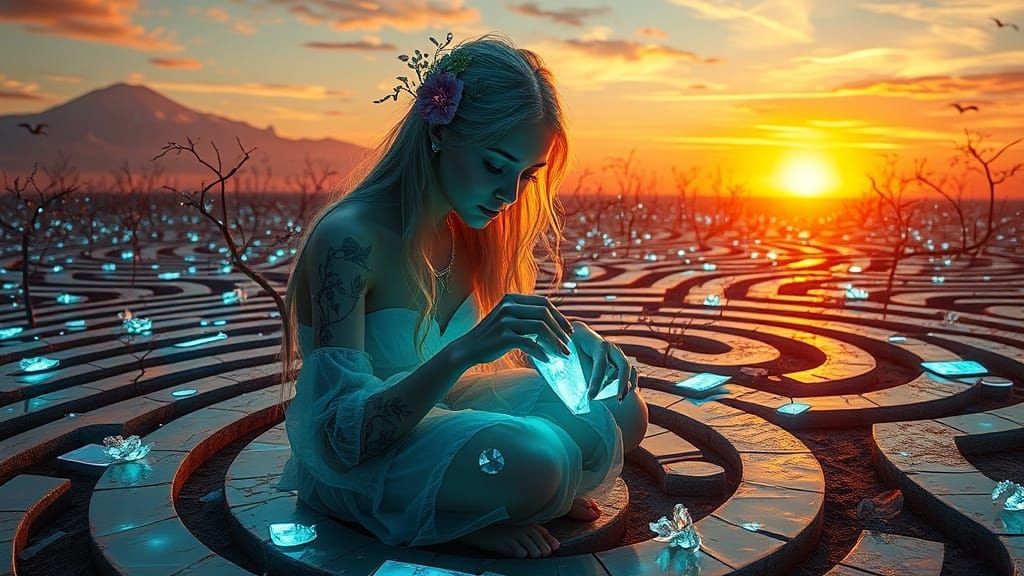 Ethereal Goddess Amidst Labyrinthine Dreamscapes